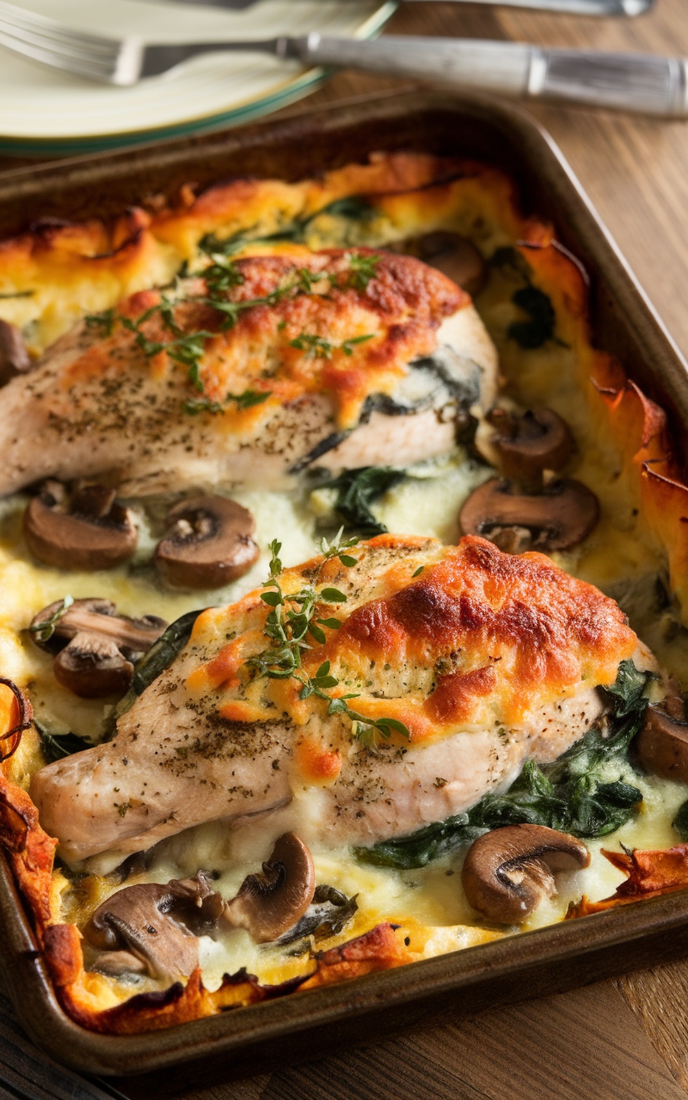 Baked chicken casserole stuffed with mushrooms and spinach, garnished with herbs, in a rustic dish.